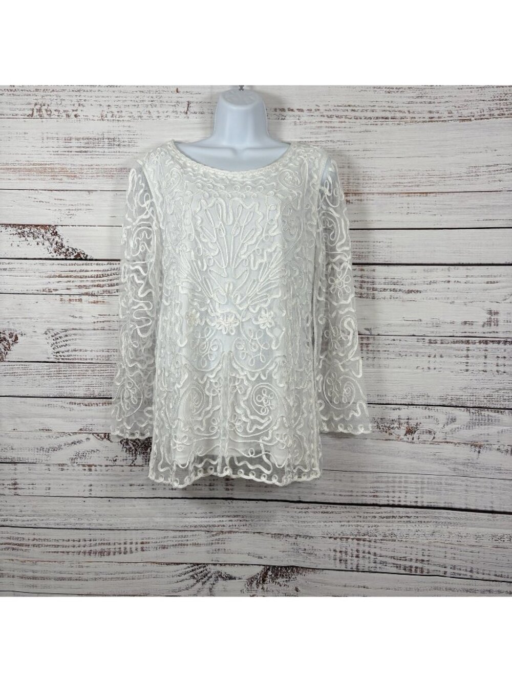 T&W Design White Ribbon Swirl Embroidered Mesh Long Sleeve Top